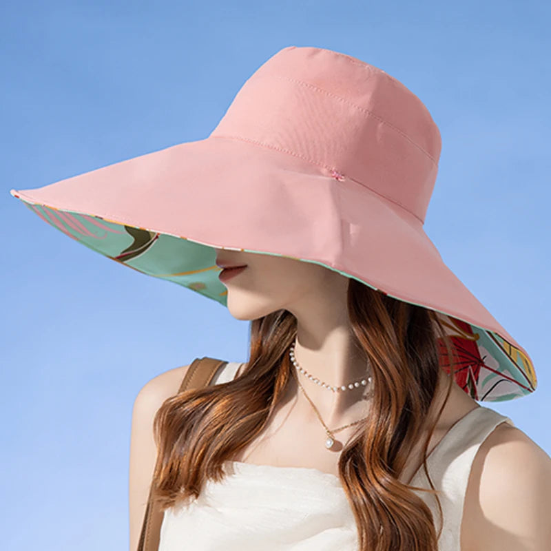 Chapeau Anti-UV Réversible Femme — coton, bord large