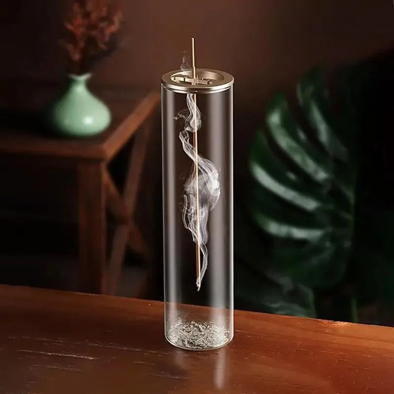 Porte-Encens Vertical en Verre Transparent – Support en Laiton pour Bâtonnets d’Encens, Récupérateur de Cendres & Facile à Nettoyer
