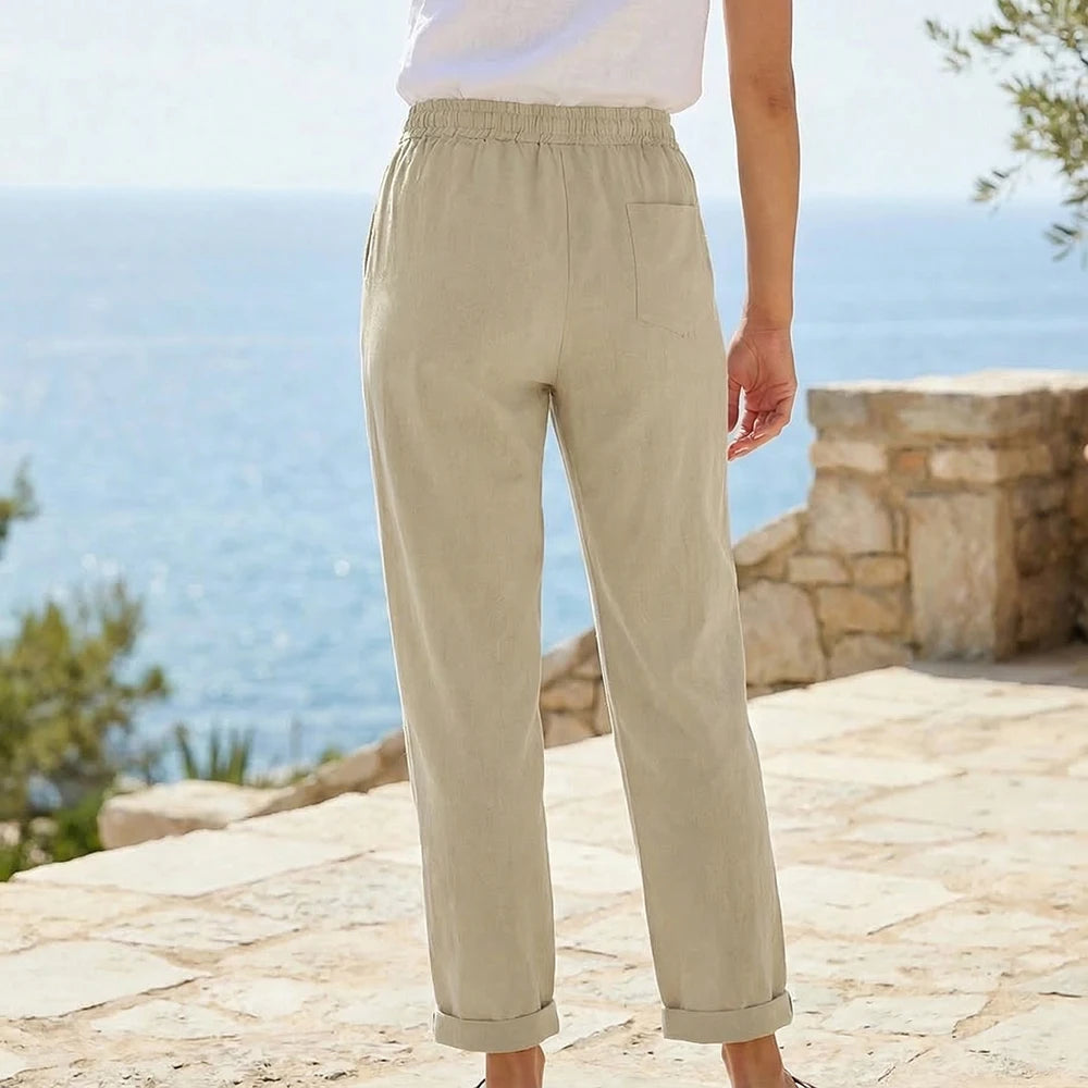 Pantalon femme en coton et lin respirant — coupe droite, taille élastique