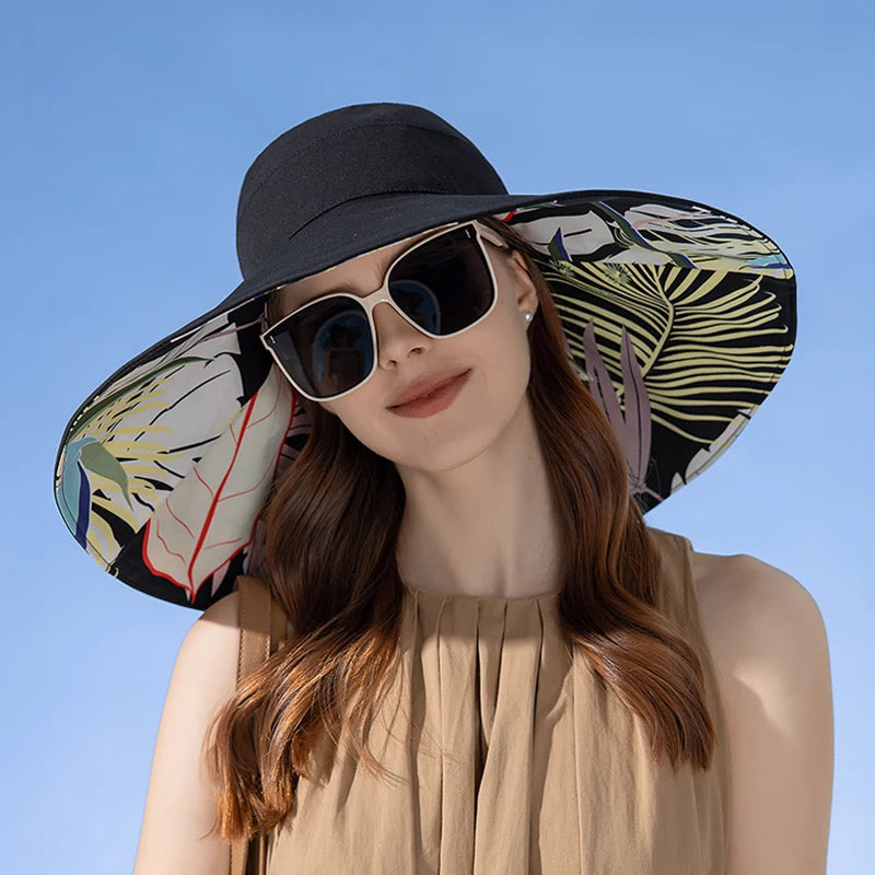 Chapeau Anti-UV Réversible Femme — coton, bord large