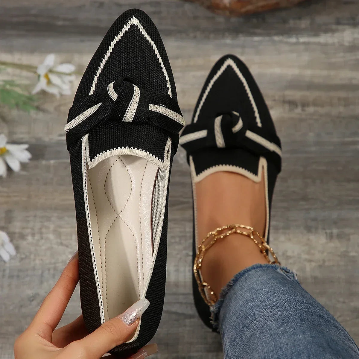 Ballerines Femme en Maille Tricotée – Bout Pointu & Nœud Décoratif