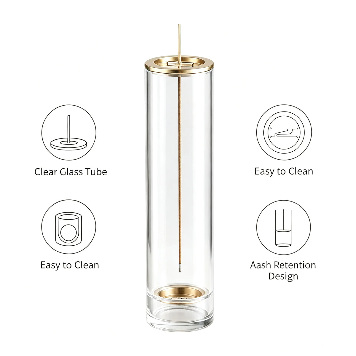 Porte-Encens Vertical en Verre Transparent – Support en Laiton pour Bâtonnets d’Encens, Récupérateur de Cendres & Facile à Nettoyer