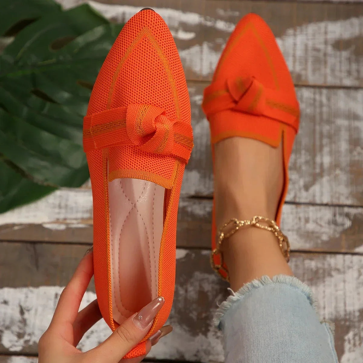 Ballerines Femme en Maille Tricotée – Bout Pointu & Nœud Décoratif
