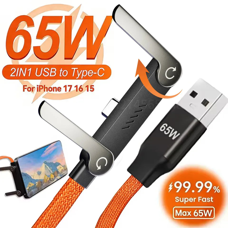 Chargeur 2-en-1 USB-C 65W – Câble Charge Rapide avec Support Pliable