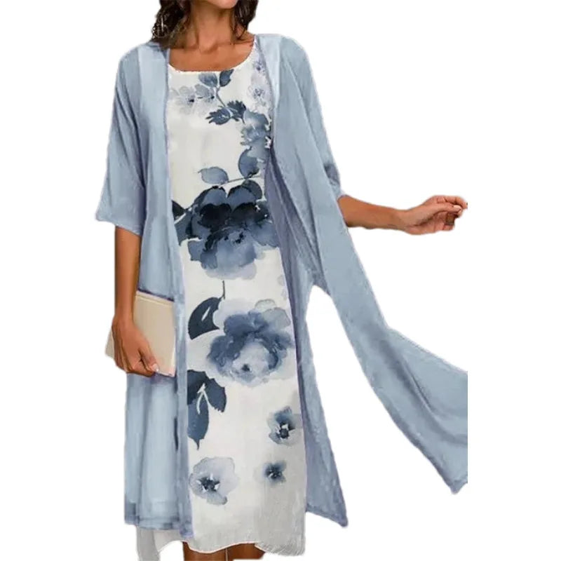 Ensemble Robe et Châle Femme – Imprimé Tendance Floral et Col Rond Élégant