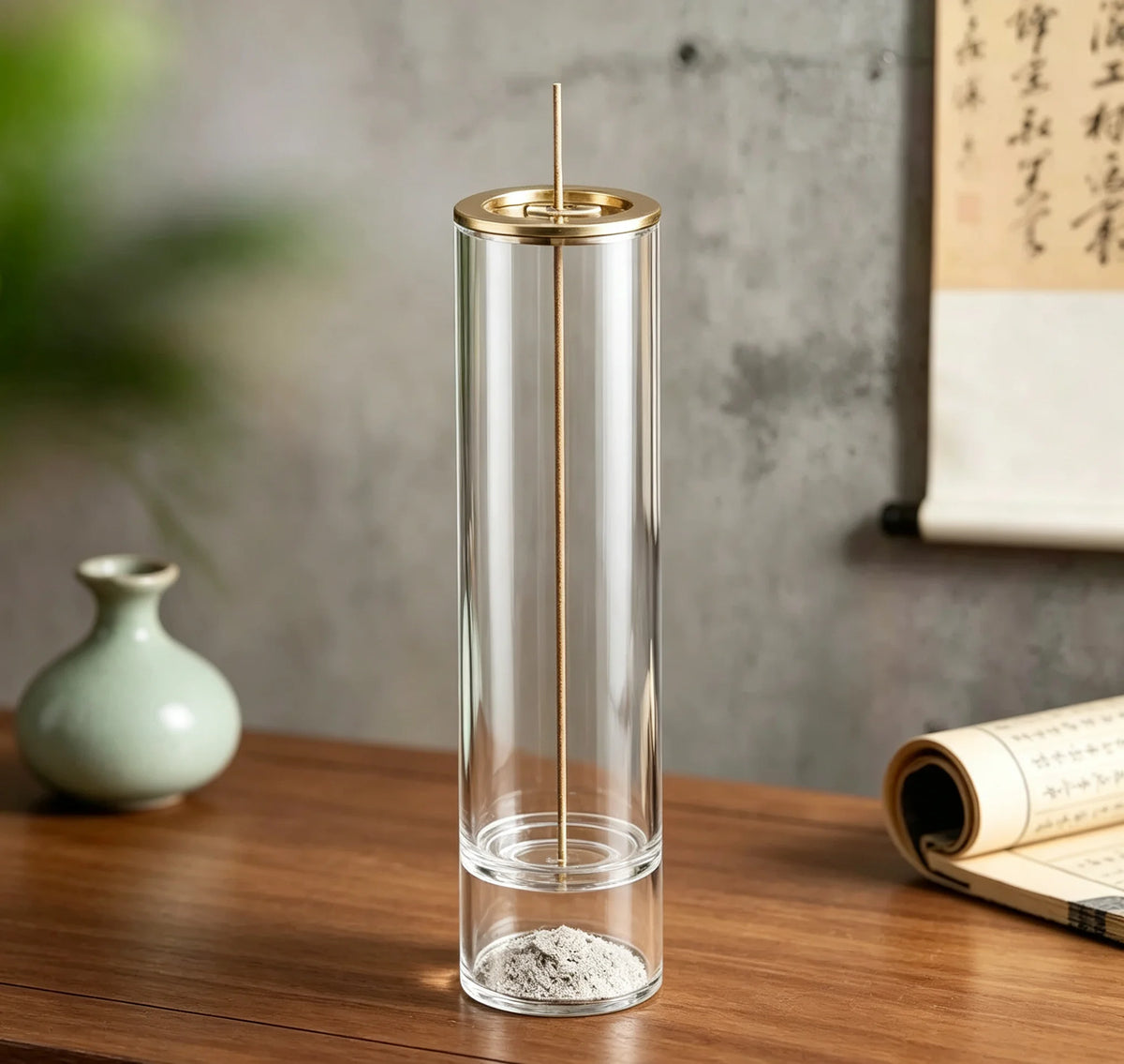 Porte-Encens Vertical en Verre Transparent – Support en Laiton pour Bâtonnets d’Encens, Récupérateur de Cendres & Facile à Nettoyer