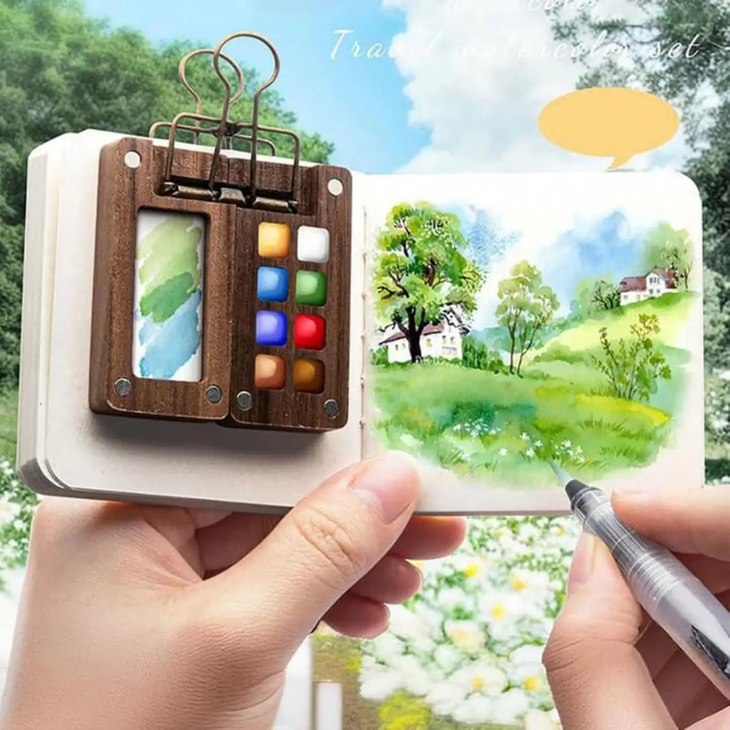 Kit d'Aquarelle de Voyage Complet - Carnet, Palette, Pinceau, Pince & Peinture