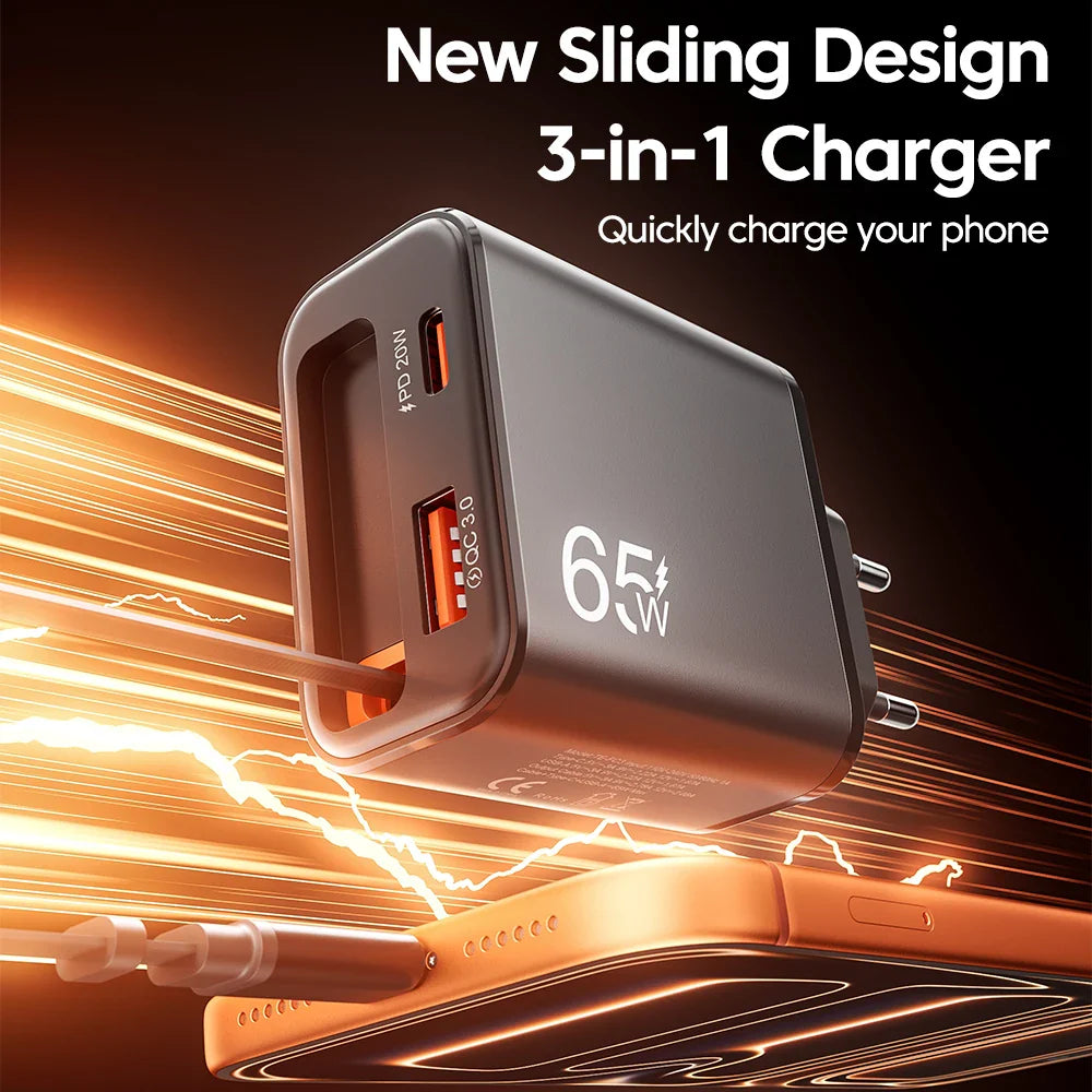 Chargeur Rapide 65W USB-C avec Câble Retractable