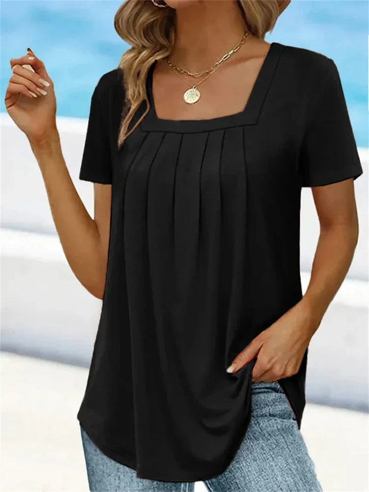 T-Shirt Plissé Élégant à Col Carré pour Femmes