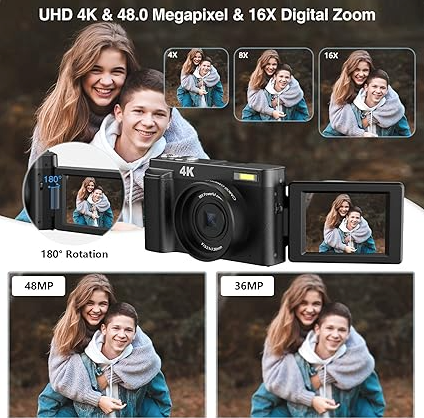 Appareil photo numérique 4K avec écran rabattable - Autofocus, Flash...