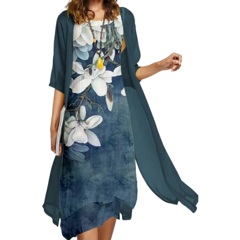 Ensemble Robe et Châle Femme – Imprimé Tendance Floral et Col Rond Élégant