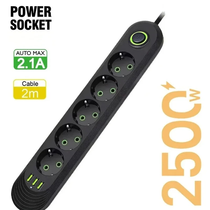 Multiprise Parafoudre 2500W 5 Prises EU + 3 Ports USB 2.1A — Câble 2m, Interrupteur