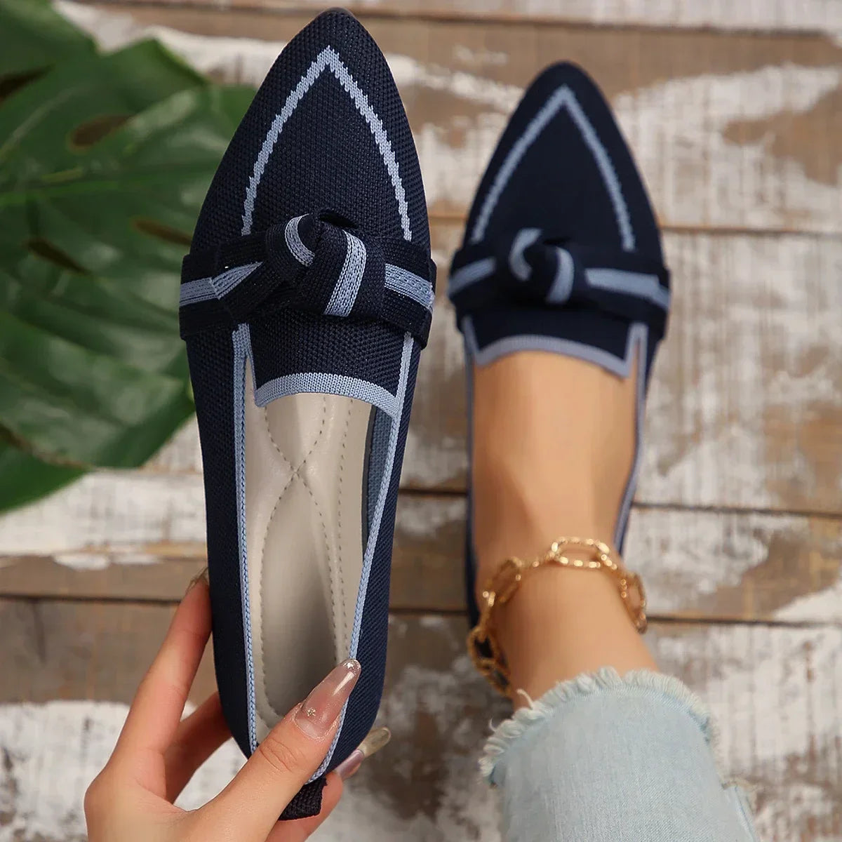Ballerines Femme en Maille Tricotée – Bout Pointu & Nœud Décoratif