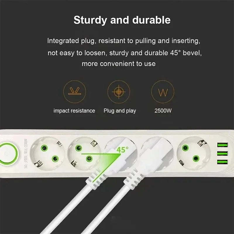 Multiprise Parafoudre 2500W 5 Prises EU + 3 Ports USB 2.1A — Câble 2m, Interrupteur