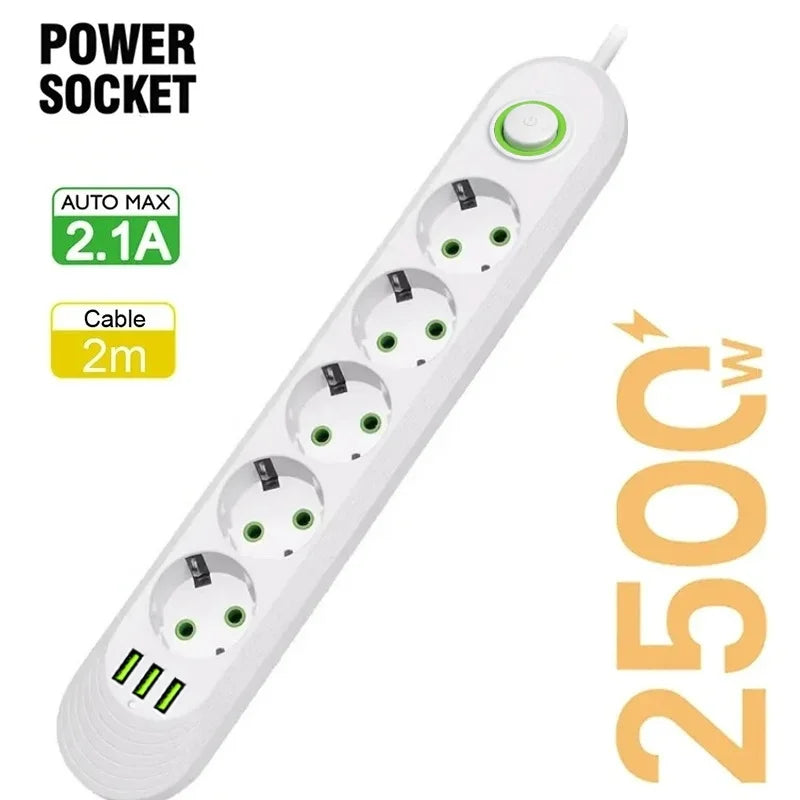 Multiprise Parafoudre 2500W 5 Prises EU + 3 Ports USB 2.1A — Câble 2m, Interrupteur