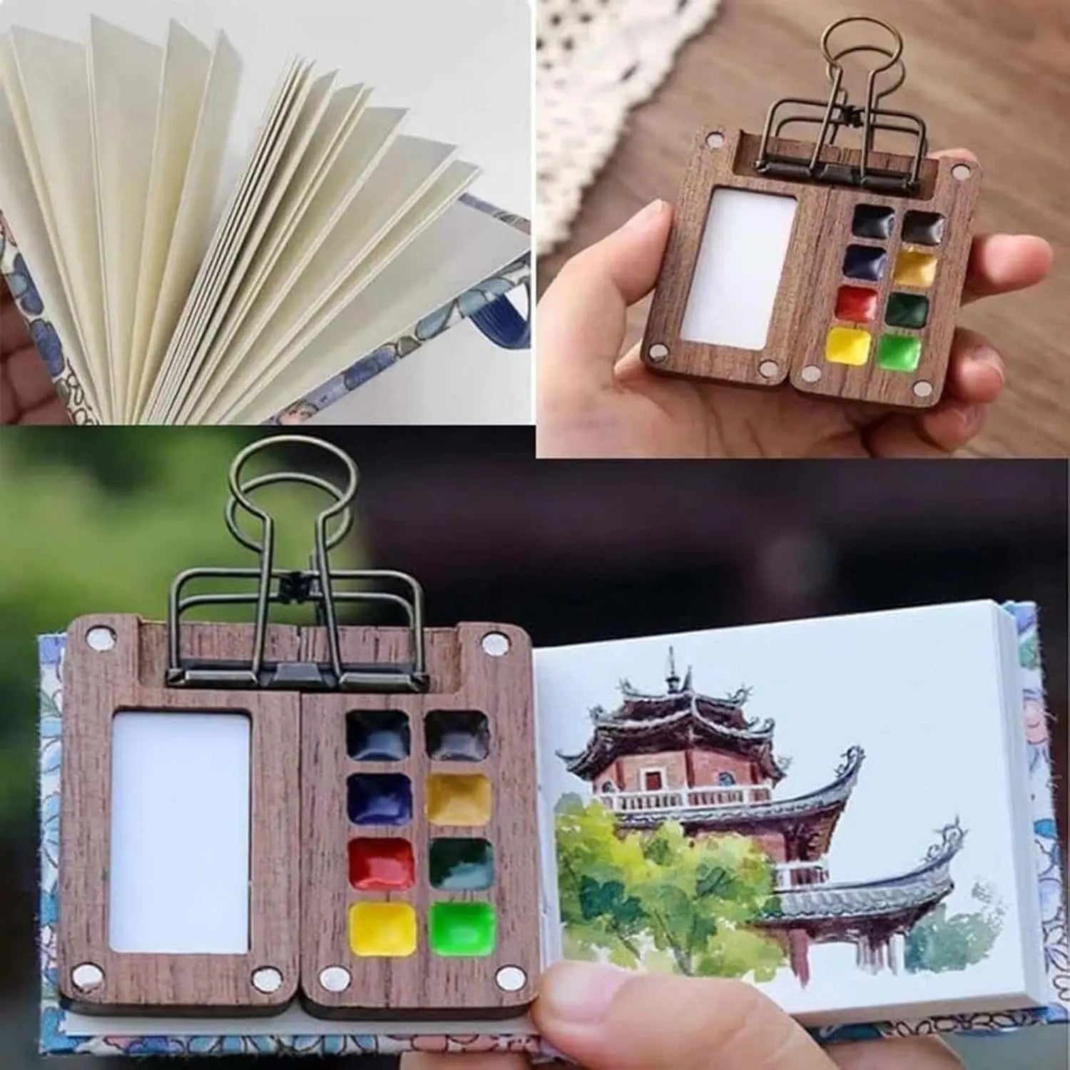 Kit d'Aquarelle de Voyage Complet - Carnet, Palette, Pinceau, Pince & Peinture