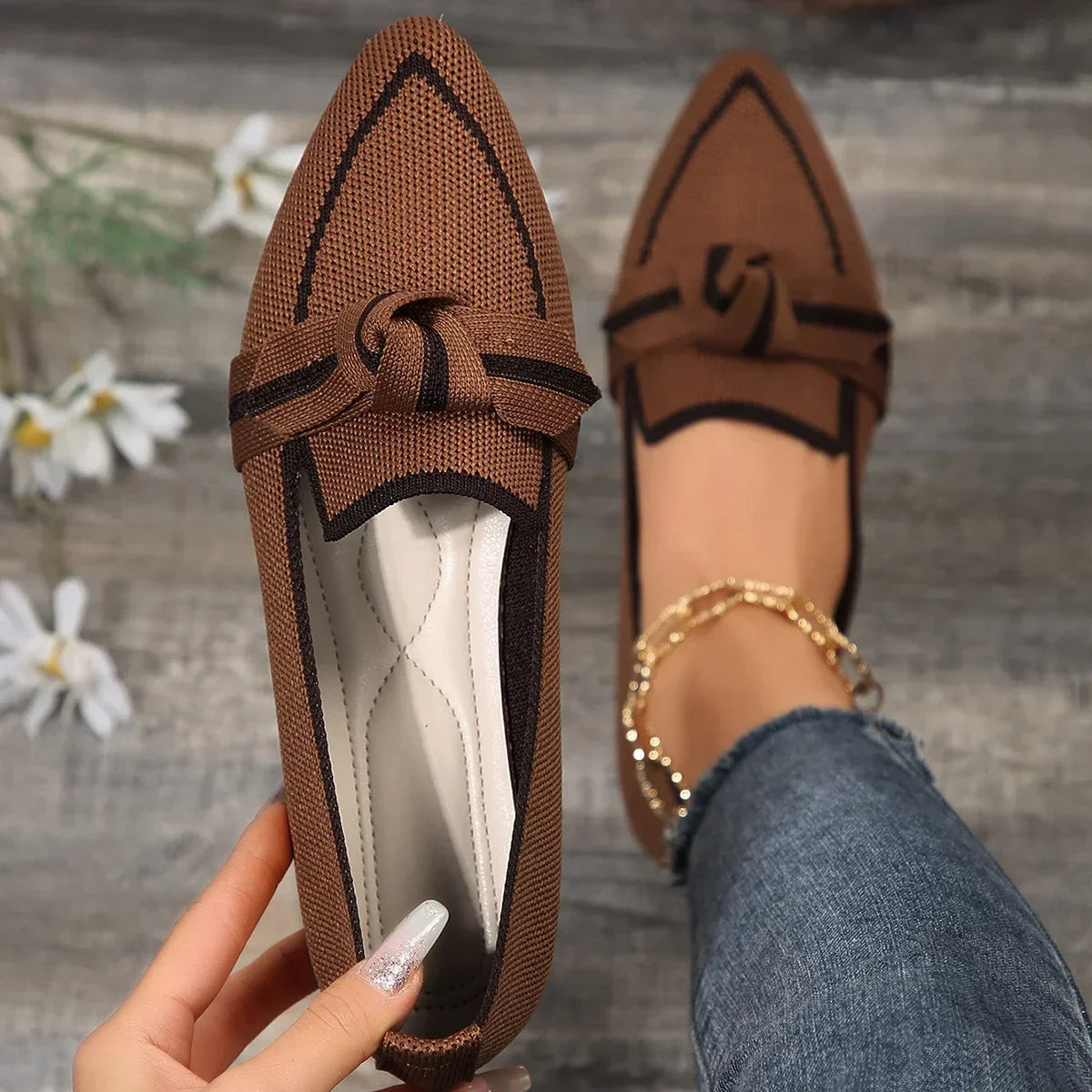 Ballerines Femme en Maille Tricotée – Bout Pointu & Nœud Décoratif