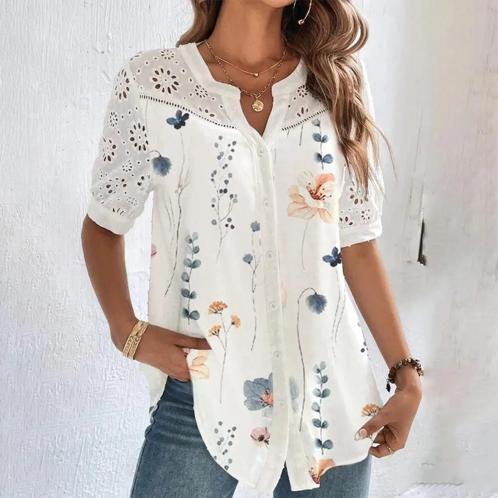 Blouse Décontractée en Dentelle – Manches Courtes