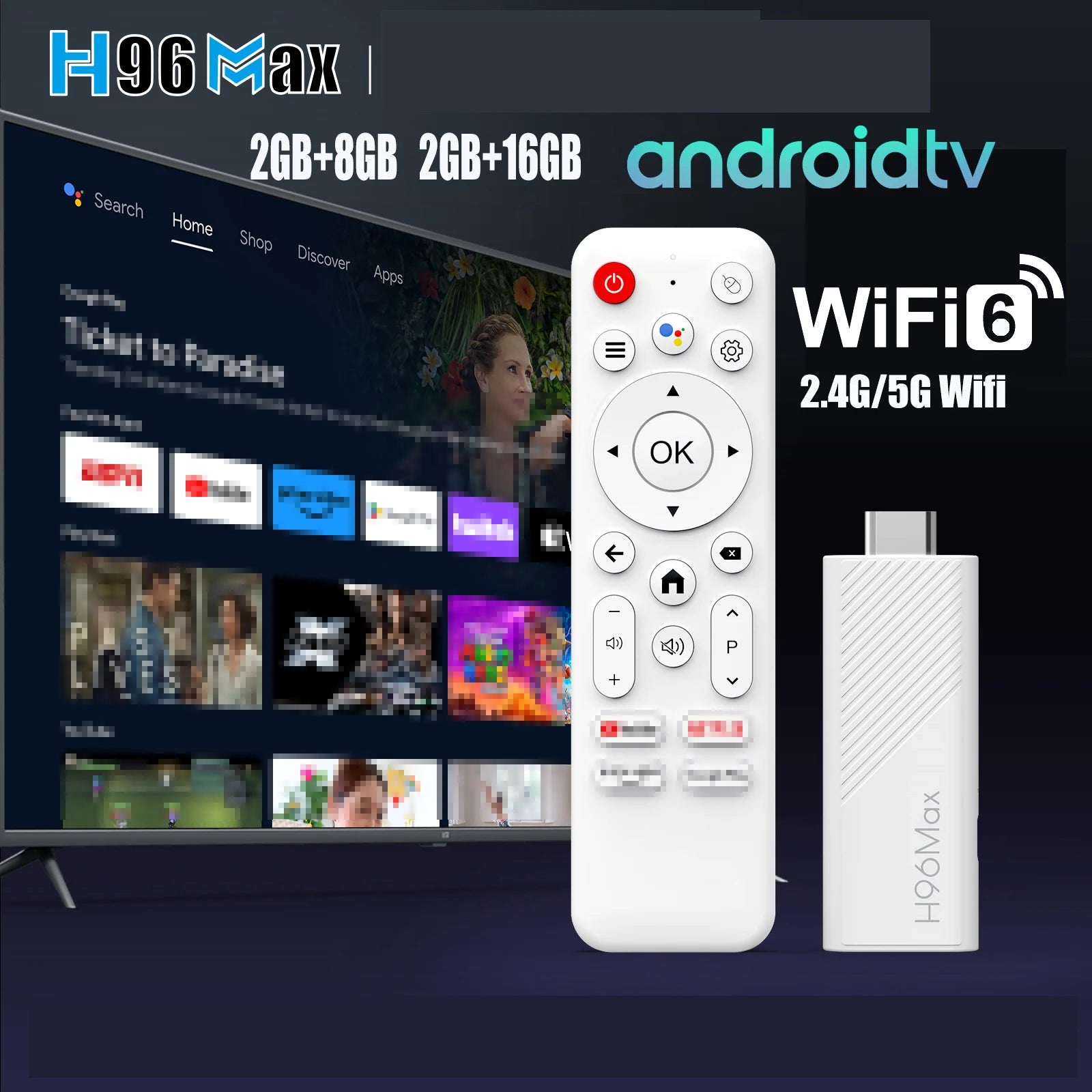 Clé TV Android H96 Max WiFi 6 Ultra Rapide avec Télécommande Vocale