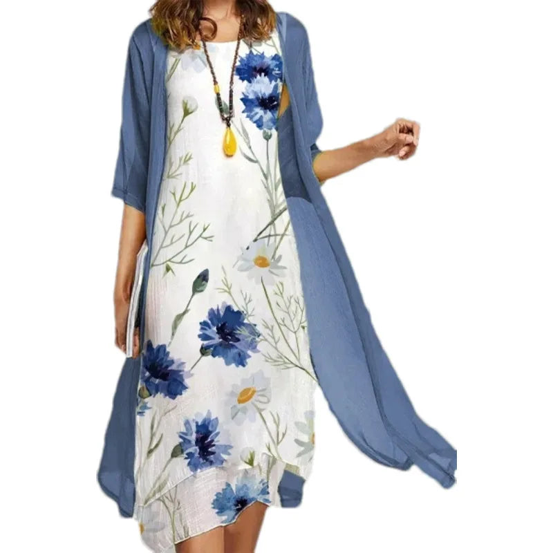 Ensemble Robe et Châle Femme – Imprimé Tendance Floral et Col Rond Élégant