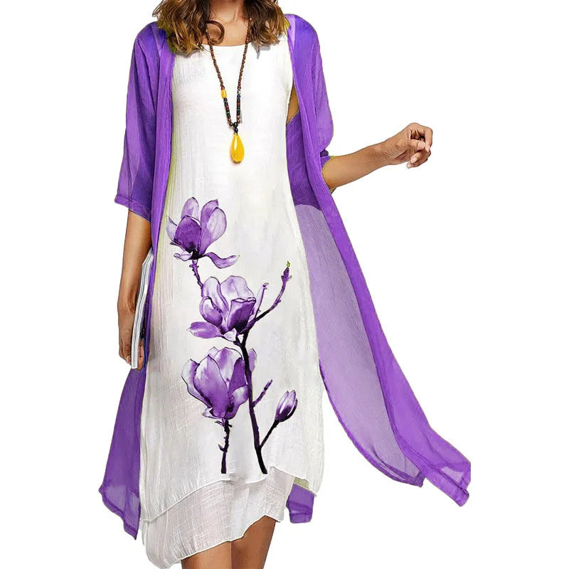 Ensemble Robe et Châle Femme – Imprimé Tendance Floral et Col Rond Élégant
