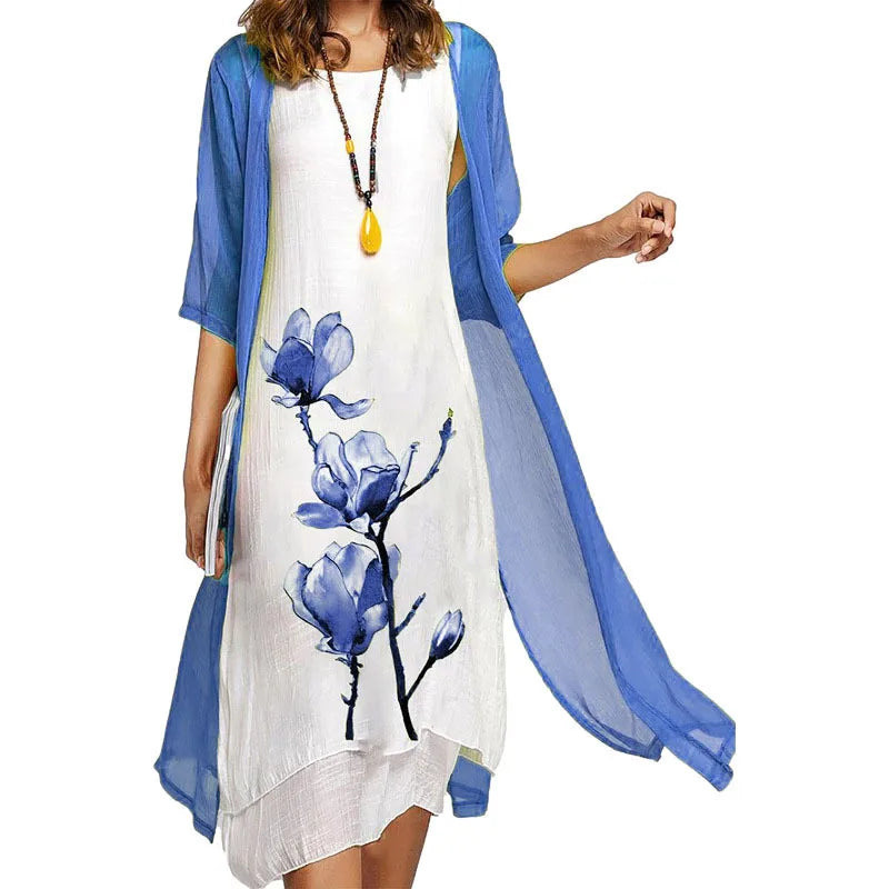 Ensemble Robe et Châle Femme – Imprimé Tendance Floral et Col Rond Élégant