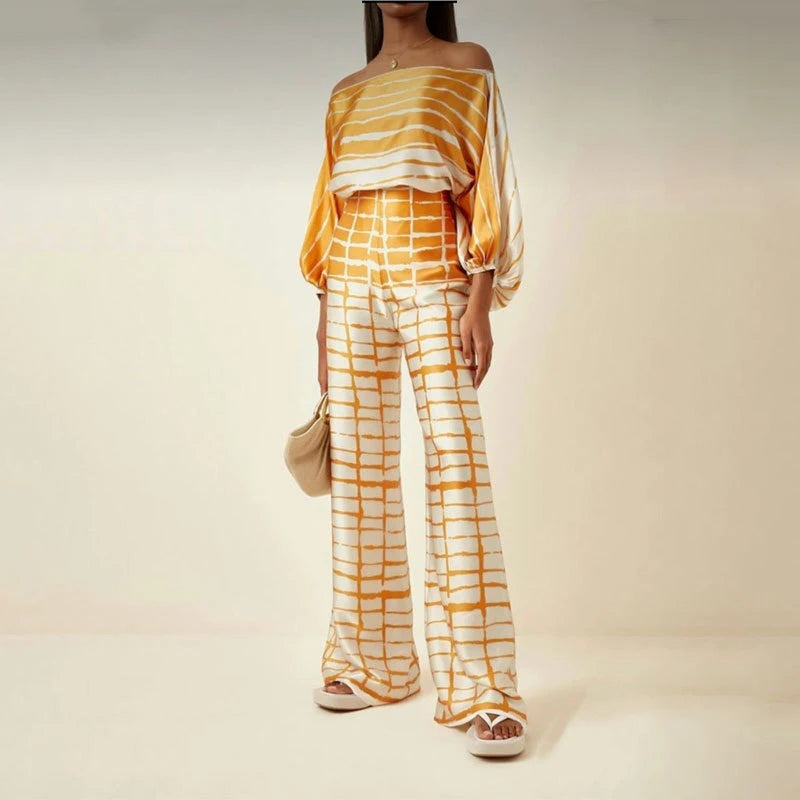 Ensemble en Satin Top Épaules Dénudées & Pantalon Fluide