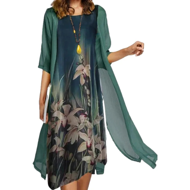 Ensemble Robe et Châle Femme – Imprimé Tendance Floral et Col Rond Élégant