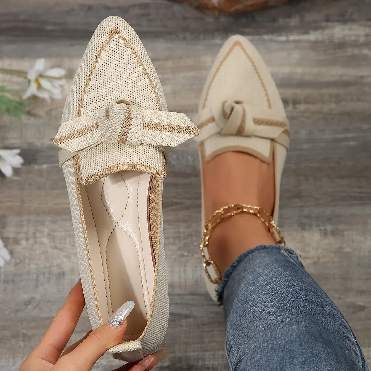 Ballerines Femme en Maille Tricotée – Bout Pointu & Nœud Décoratif