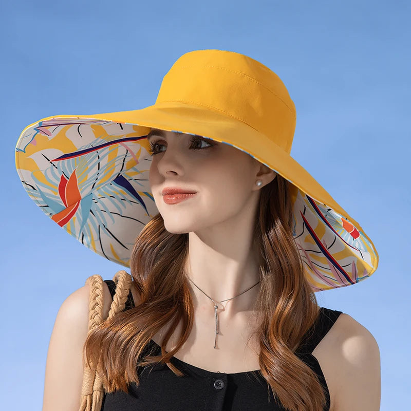 Chapeau Anti-UV Réversible Femme — coton, bord large