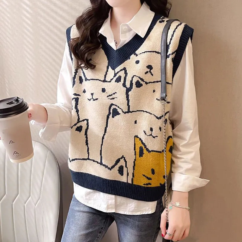 Pull en tricot sans manches Col V - Imprimé chat