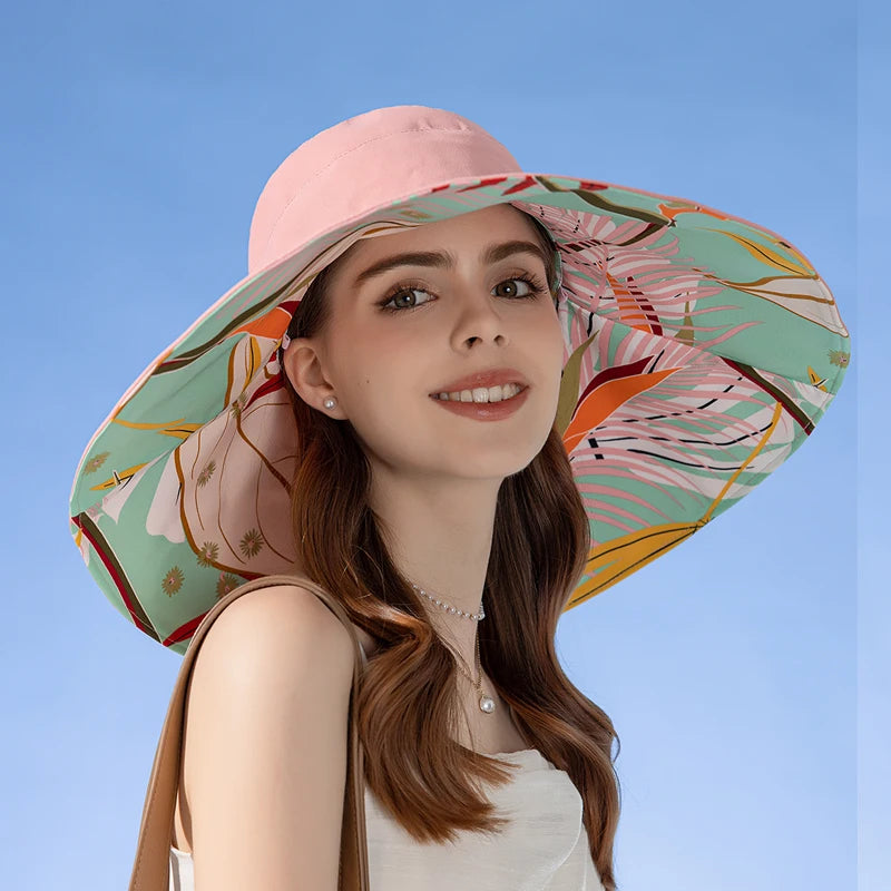 Chapeau Anti-UV Réversible Femme — coton, bord large
