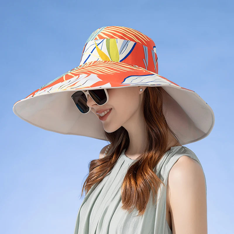 Chapeau Anti-UV Réversible Femme — coton, bord large