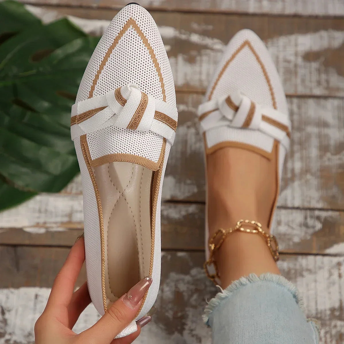 Ballerines Femme en Maille Tricotée – Bout Pointu & Nœud Décoratif