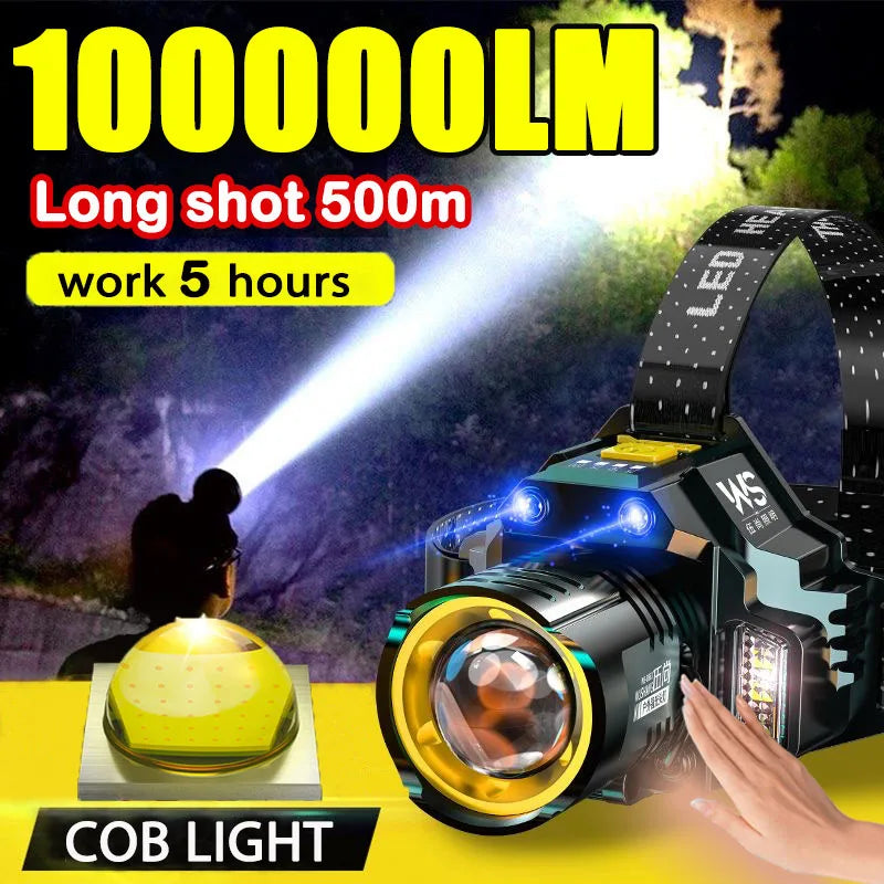 Lampe Frontale LED COB Rechargeable USB - 100000LM, idéale pour pêche et camping