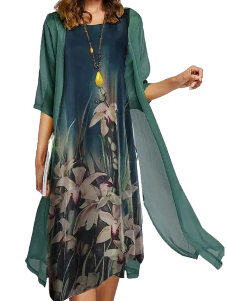 Ensemble Robe et Châle Femme – Imprimé Tendance Floral et Col Rond Élégant