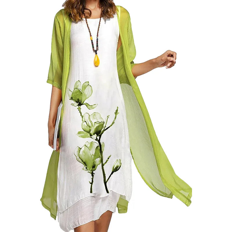 Ensemble Robe et Châle Femme – Imprimé Tendance Floral et Col Rond Élégant