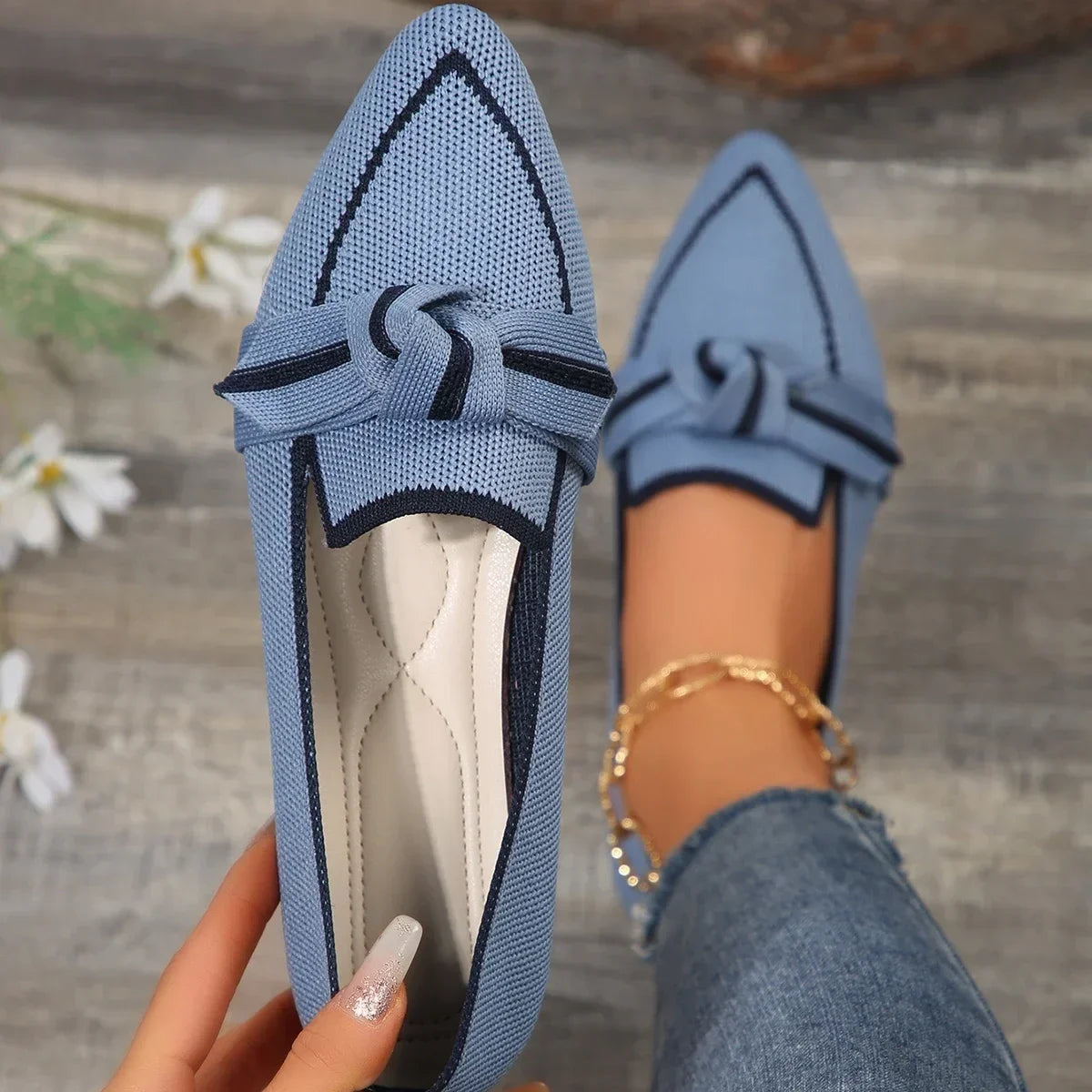 Ballerines Femme en Maille Tricotée – Bout Pointu & Nœud Décoratif