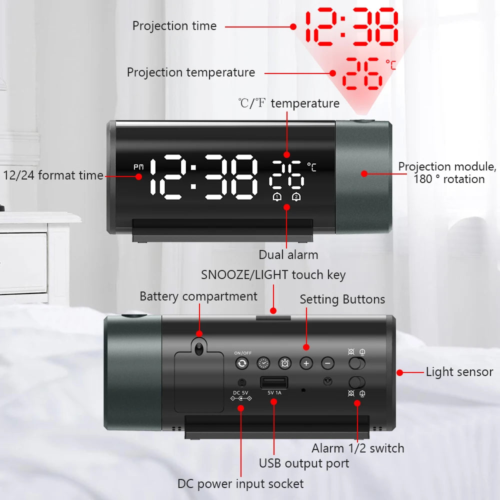 Réveil Numérique avec Projecteur Rotatif 180° — 4 Niveaux de Luminosité