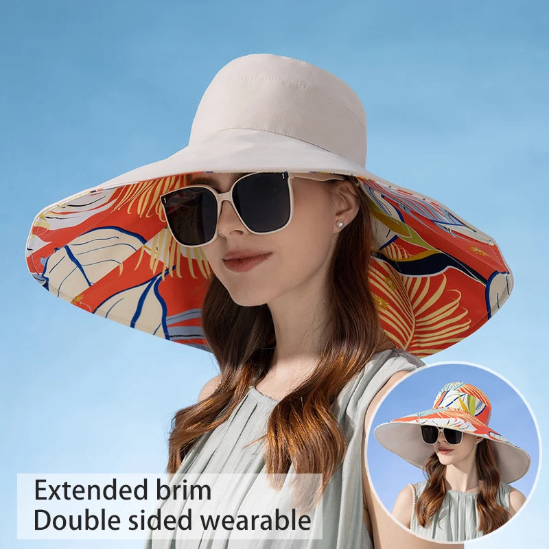 Chapeau Anti-UV Réversible Femme — coton, bord large