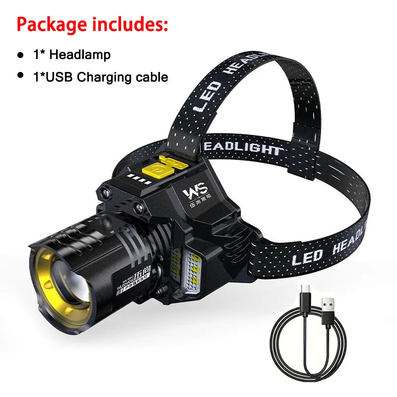 Lampe Frontale LED COB Rechargeable USB - 100000LM, idéale pour pêche et camping