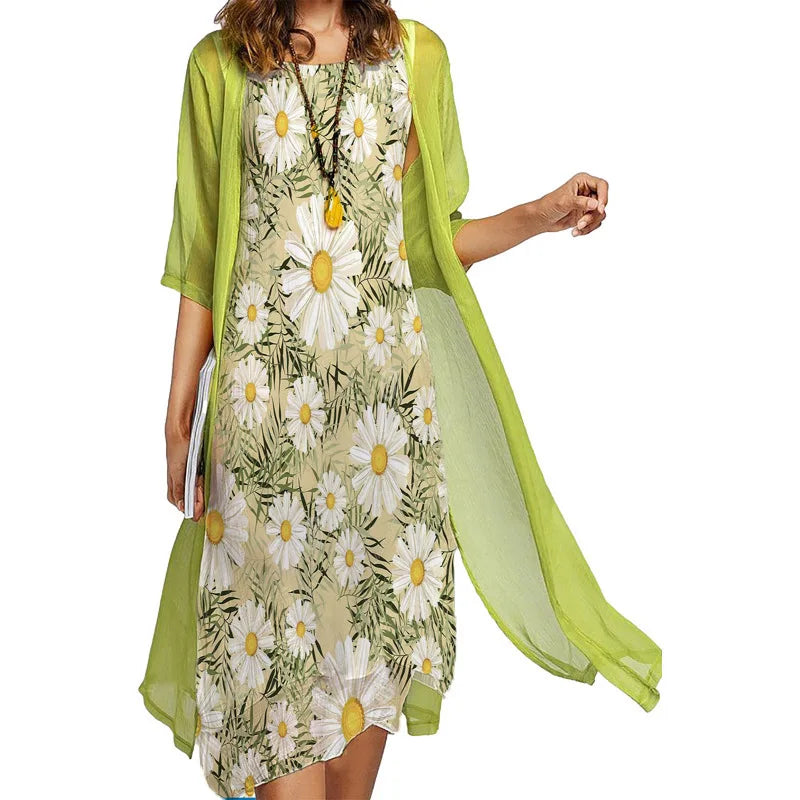 Ensemble Robe et Châle Femme – Imprimé Tendance Floral et Col Rond Élégant