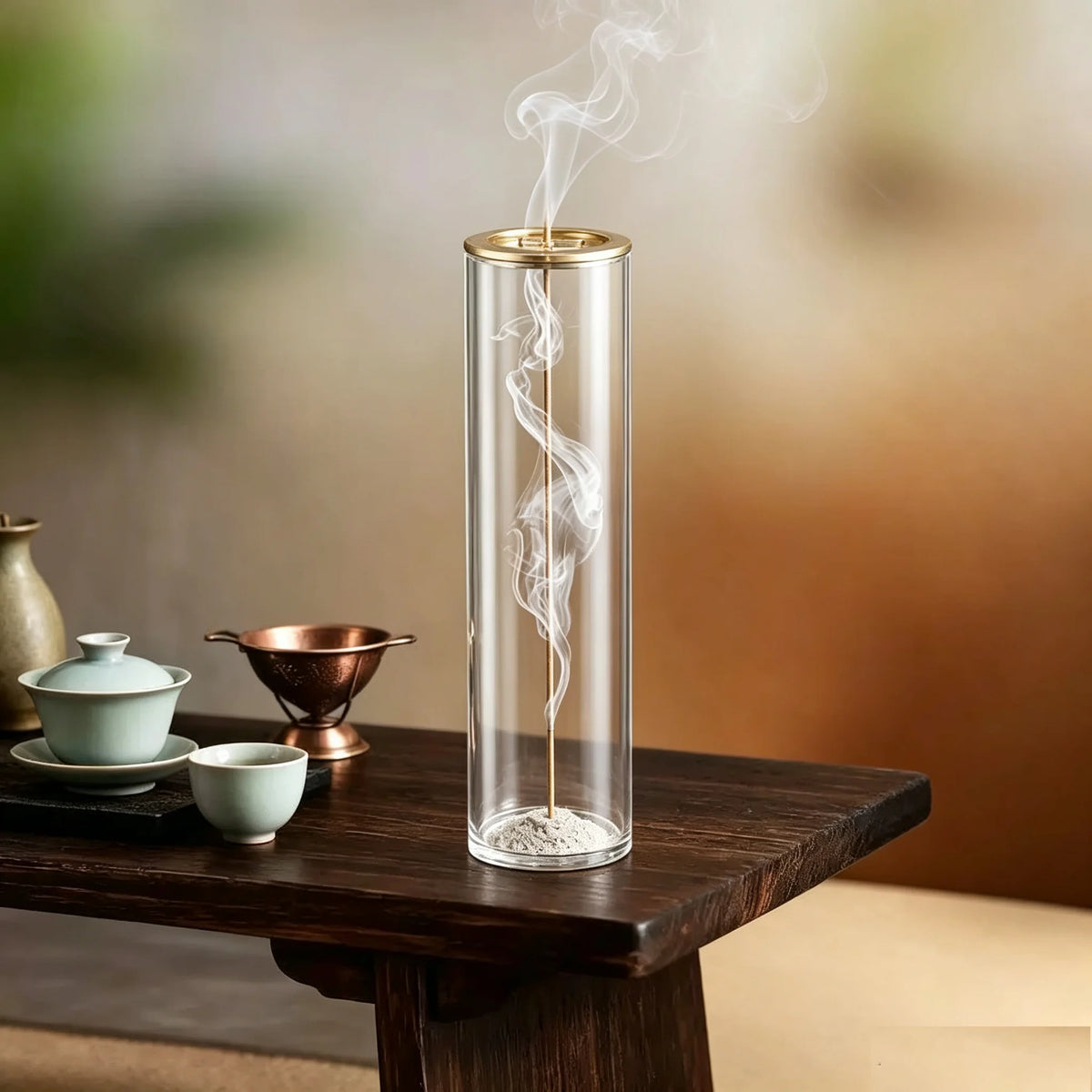 Porte-Encens Vertical en Verre Transparent – Support en Laiton pour Bâtonnets d’Encens, Récupérateur de Cendres & Facile à Nettoyer